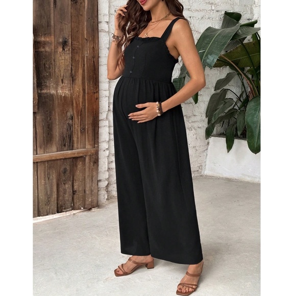 Maternity Black Butto Detail Wide Leg Jumper Jumpsuit - Picture 1 of 4